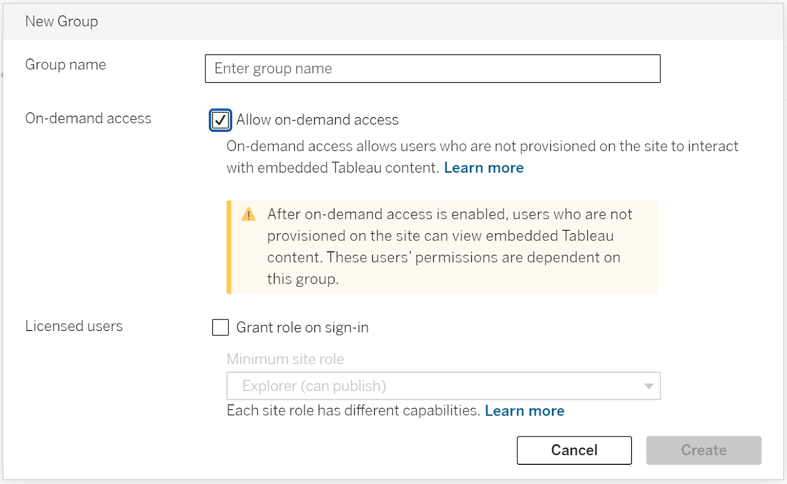 The allow on-demand access checkbox is used to enable the capability for a group.